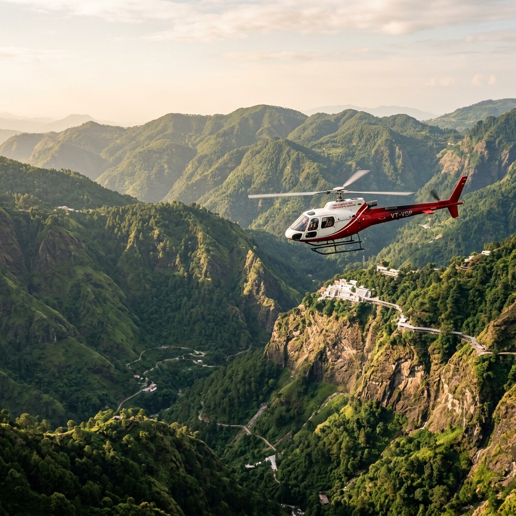 Helicopter in flight over valley